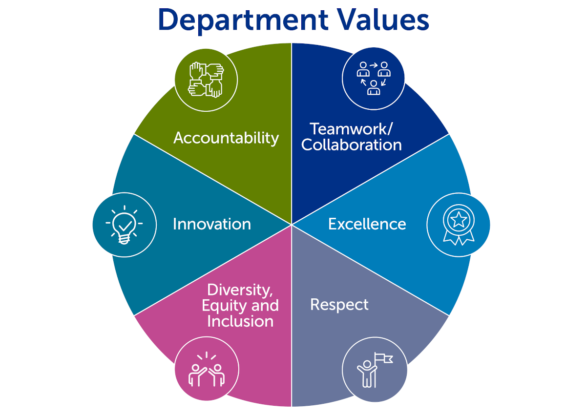 Department Values: Accountability, Teamwork/Collaboration, Excellence, Respect, Diversity, Equity and Inclusion, Innovation.