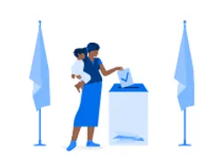 Icon: Woman holding baby casts ballot in ballot machine