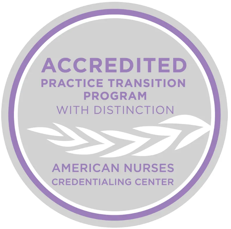 Logo with text: Accredited Practice Transition Program with Distinction, American Nurses Credentialing Center