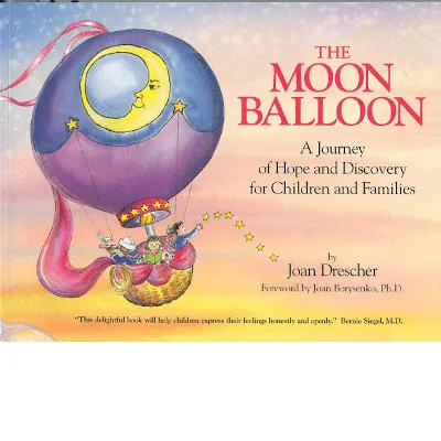 Cover of book: "The Moon Balloon," depicting three children traveling in hot air balloon