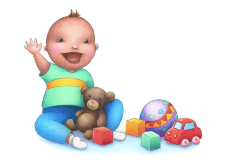 Baby sits on floor and plays with toys