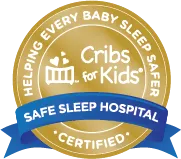 Logo: Cribs for Kids Certified Safe Sleep Hospital in shape of gold medal